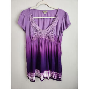 One World Top Size Large Purple Tie Dye Flowy Hippie Butterfly